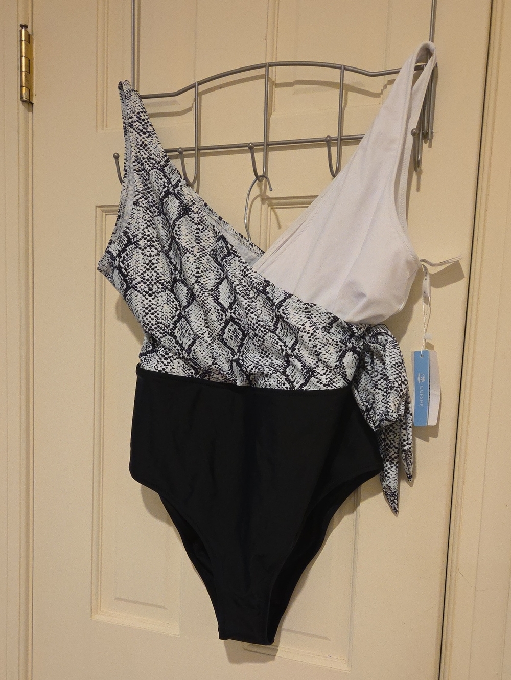Cupshe Black & White Snake-Print Color Block Swimsuit